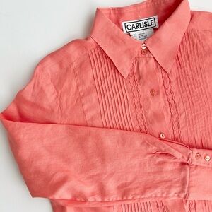 VTG Carlisle Linen Blouse Top 14 Coral Orange Pintuck Pleated Sleeve Button Down